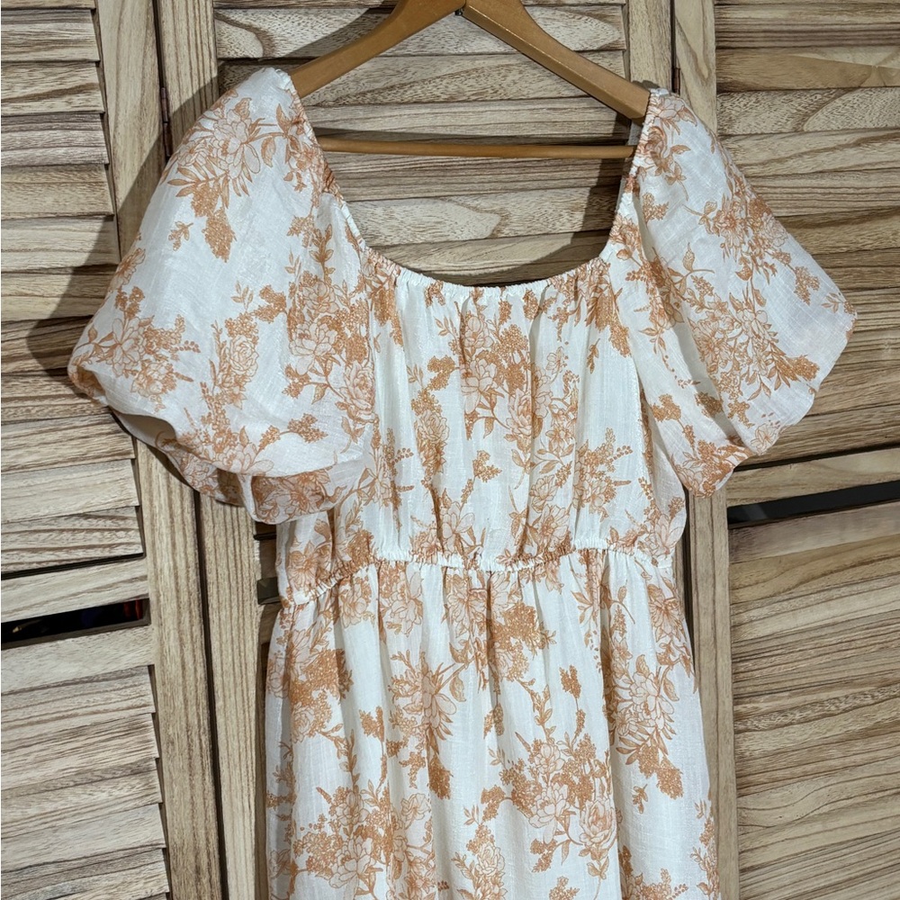 Blu Pepper Orange Floral Rayon Linen-Feel Dress Puff Sleeve Size M Boho Festival